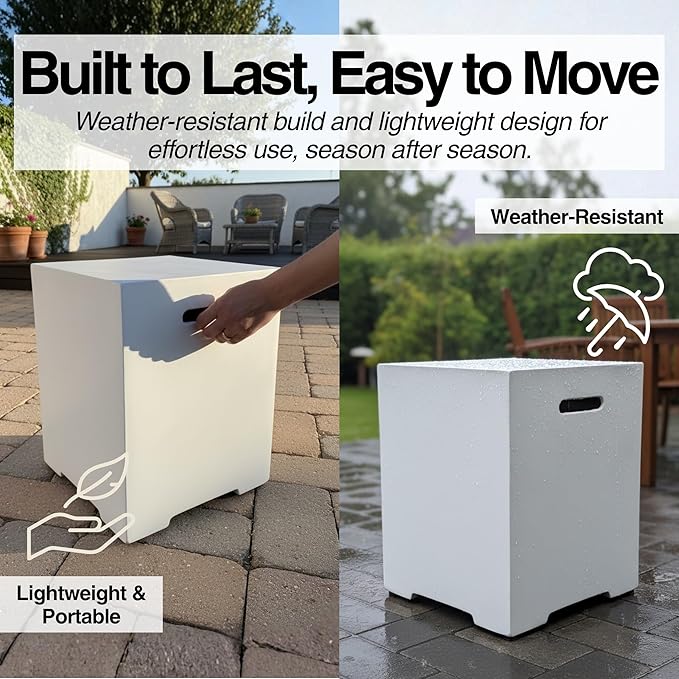 Propane Tank Cover Table for Fire Pits, 20 LB Concrete Propane Tank Holder with Side Handles, Outdoor Tank Storage Side Table for Patio, Gas Griddle, Ancient White