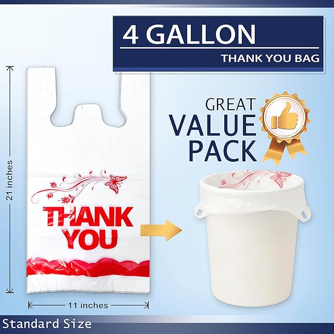 4 Gallon Small Trash Bags with Handles –1000Count 11" x 21" Plastic Garbage Bags for Home, Kitchen, Office, Bathroom – Thank You T-Shirt Style Bags for Small Business, Takeout, Grocery Use