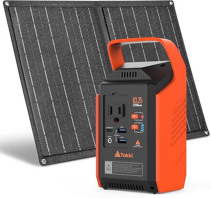 Takki 120W Peak Solar Generator with 21W Panel 83Wh Portable Power Station Solar Power Bank with 110V AC Outlet for Camping Home Use Outdoor Emergency Fan Laptop Hurricane