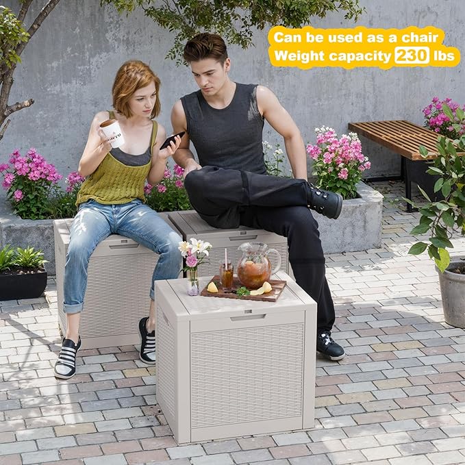 ROJIK Outdoor Storage Housing Deck Box - Waterproof Patio Furniture, Garden Tools, Cushions, Pool Accessories Storage Bench with Lockable Lid and Side Handles (Grey Rattan, 30 Gal)