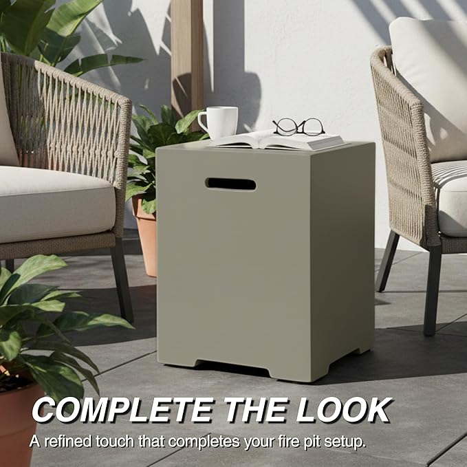 Propane Tank Cover Table for Fire Pits, 20 LB Concrete Propane Tank Holder with Side Handles, Outdoor Tank Storage Side Table for Patio, Gas Griddle, Aqua Grey