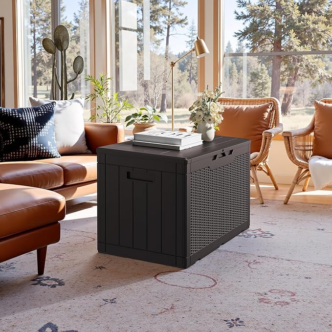 JUMMICO 100 Gallon Resin Deck Box, Waterproof Outdoor Storage Box with Lockable Lid for Garden Tools, Patio Cushions (Brown)