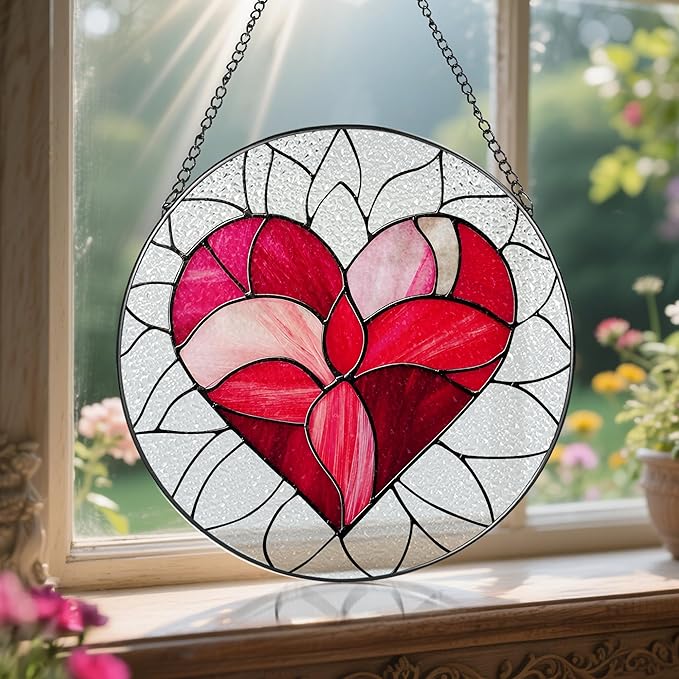 8'' Valentine Heart Suncatcher Ornament, Stained Glass Window Hanging, Suncatchers for Windows Hanging Ornaments, Valentine's Romantic Decor | Valentine's Day Gift, Gifts for Girlfriend, Wife