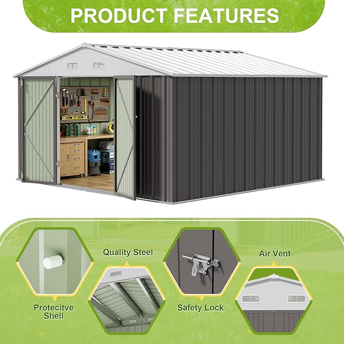 JUMMICO 10 x 10 FT Outdoor Storage Shed, Large Metal Garden Shed & Tool Sheds for Backyard Garden Patio Lawn (Grey)