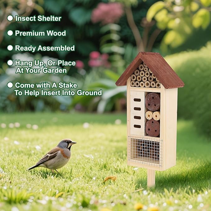 Lulu Home Wooden Insect House with Stake, Hanging & Inserting Two Mount Ways Insect Hotel for Bee, Butterfly, Ladybirds, Beneficial Insect Habitat, Bug Hotel Garden, 19.7 X 3.4 X 5.4 Inch