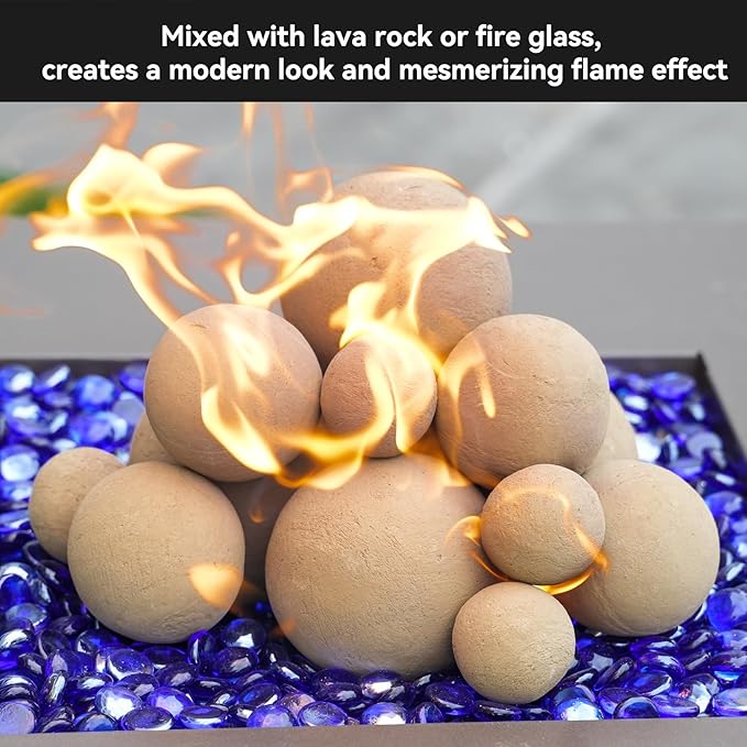 Skyflame 12PCS Ceramic Balls, Mixed of 4 Sizes Fire Pit Balls Set for Indoor and Outdoor Fire Tables or Fireplaces Accessory,Beige