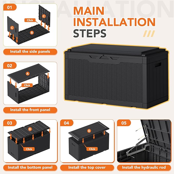 110 Gallon Deck Box Outdoor Indoor Waterproof Storage Box for Patio Furniture, Pool Accessories, Garden Tools, and Cushion Storage, Black