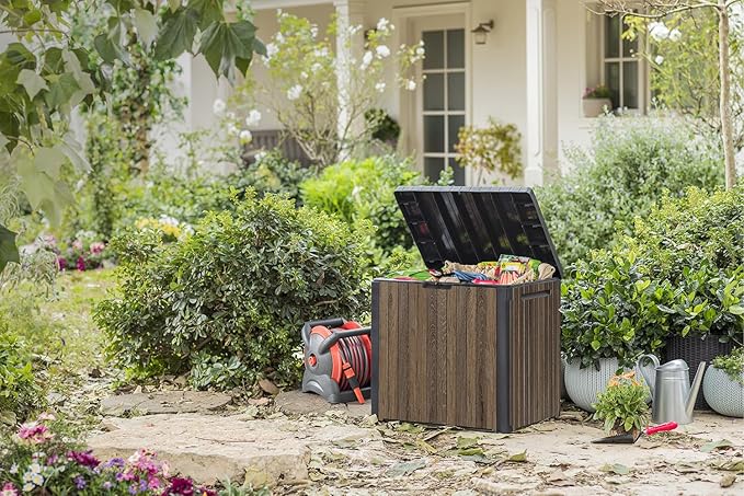 Keter Signature Everwood 30 Gallon Resin Outdoor Storage Box and Patio Furniture Side Table for Pool and Garden Accessories, Walnut