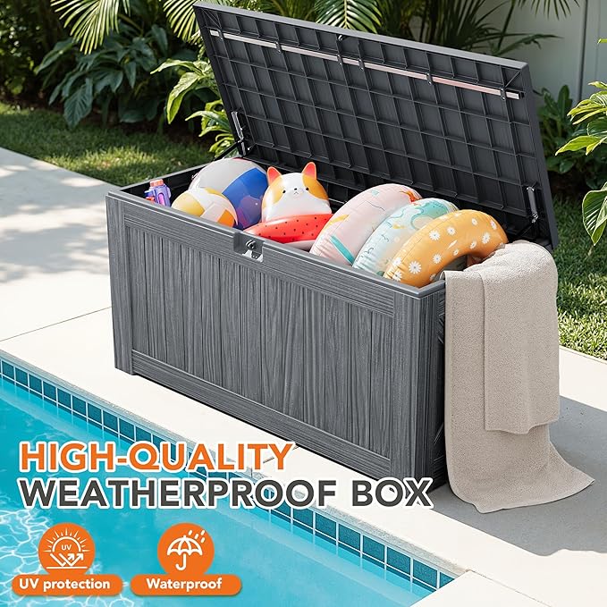 130 Gallon Deck Box Outdoor Indoor Waterproof Storage Box for Patio Furniture, Pool Accessories, Garden Tools, and Cushion Storage, Gray