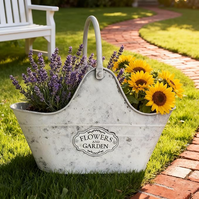 Set of 2 Vintage Metal Planter Pots, "Flowers and Garden" Distressed White Hanging/Tabletop Flower Pots with Handle, Rustic Farmhouse Planters for Indoor Outdoor Succulents, Herbs, Home Decor