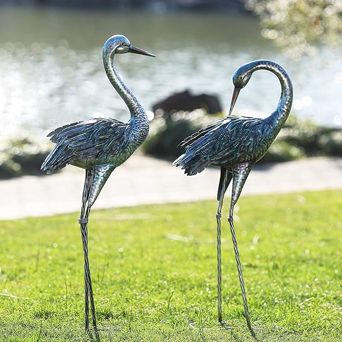 Kircust Garden Crane Statue for Outdoor, Blue Heron Decoy Garden Sculptures and Statues, Metal Bird Yard Art for Lawn Patio Decor, Set of 2