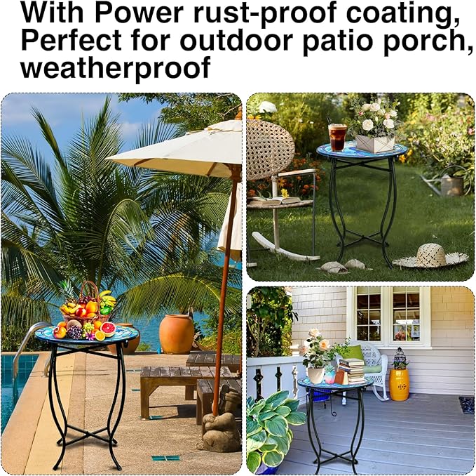 Patio Side Table, 14 Inch Weather Resistant Metal Side Table, Side Table for Patio Yard Porch Balcony Garden Bedside Plant Stand Indoor Outdoor, Small Round Outdoor End Table