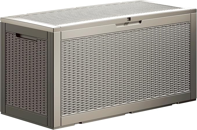 TARKARI 100 Gallon Lockable Resin Deck Box, Waterproof & UV-Resistant Outdoor Storage Box for Outdoor Cushion Storage, Garden Tools & Pool Accessories Storage, Gray