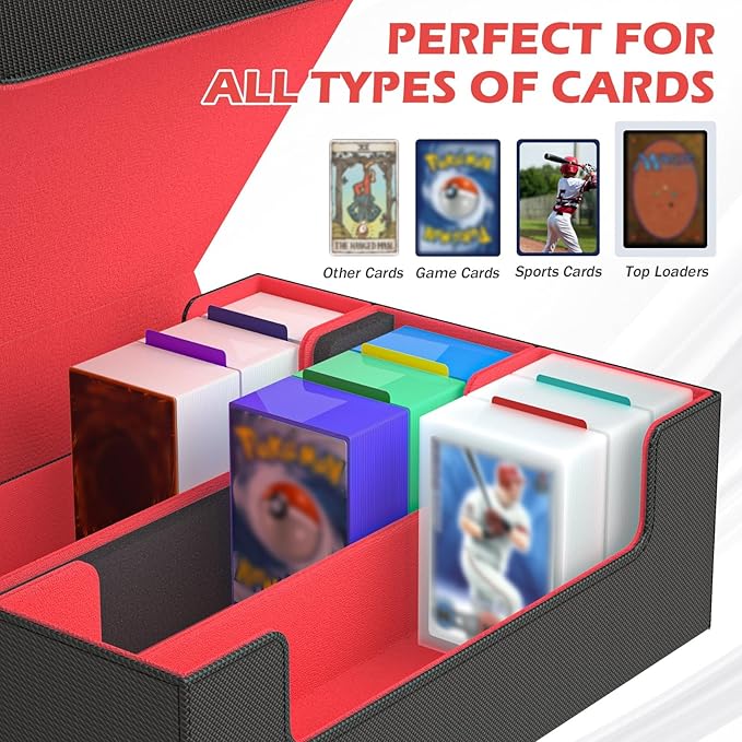 Trading Card Storage Box with Game Mat and 8 Divider Tabs, 3-Row Deck Case with Dice Tray, 3000+ Card Deck Box, Commander Deck Case for TCG, CCG, YuGiOh and Sport Card (Black & Red)