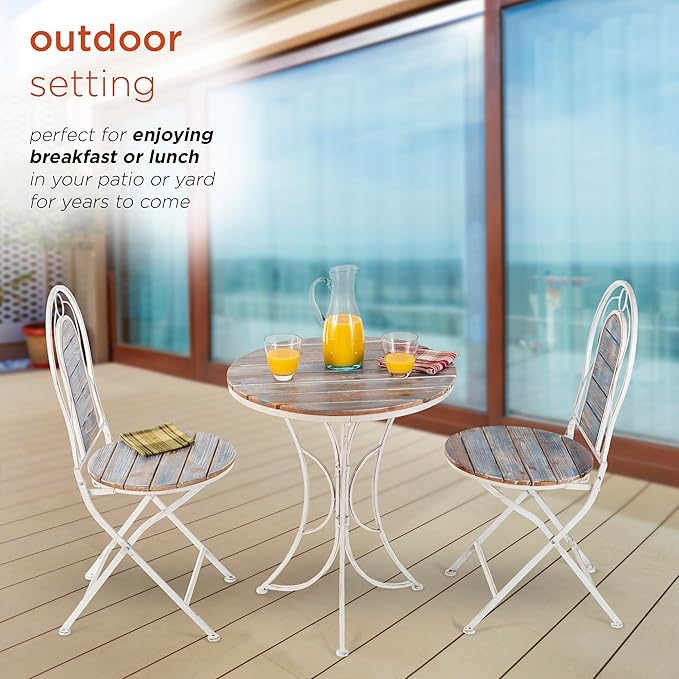 Alpine Corporation Indoor/Outdoor 3-Piece Wood and Metal Bistro Set Table and Folding Chairs Patio Seating