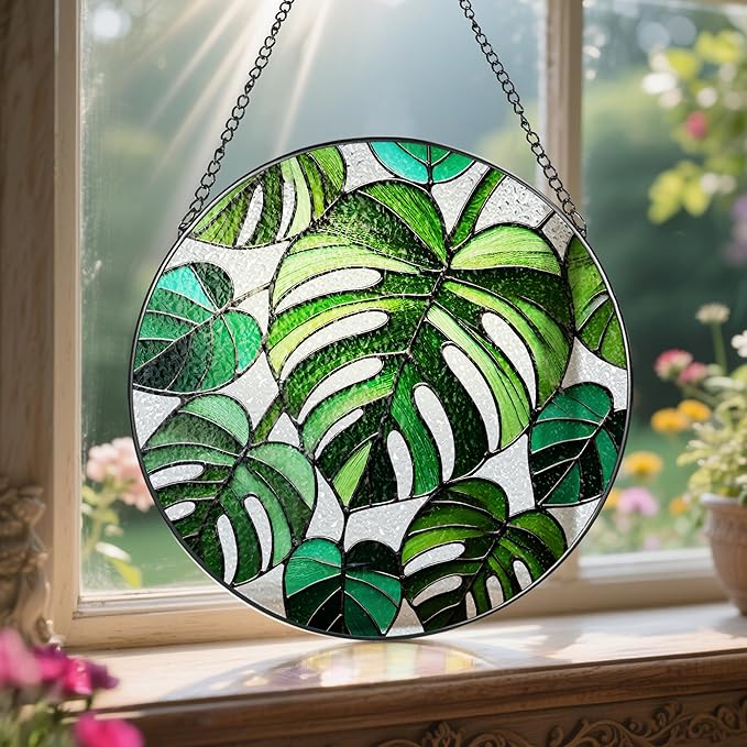 Stained Glass Window Hanging, 8 Inch Monstera Plant Stained Glass Suncatcher, Plant Sun Catcher, Plant Lover Decor, Plant Lover Gifts, Mother's Day, Birthday, Housewarming, Christmas, Festival Gifts