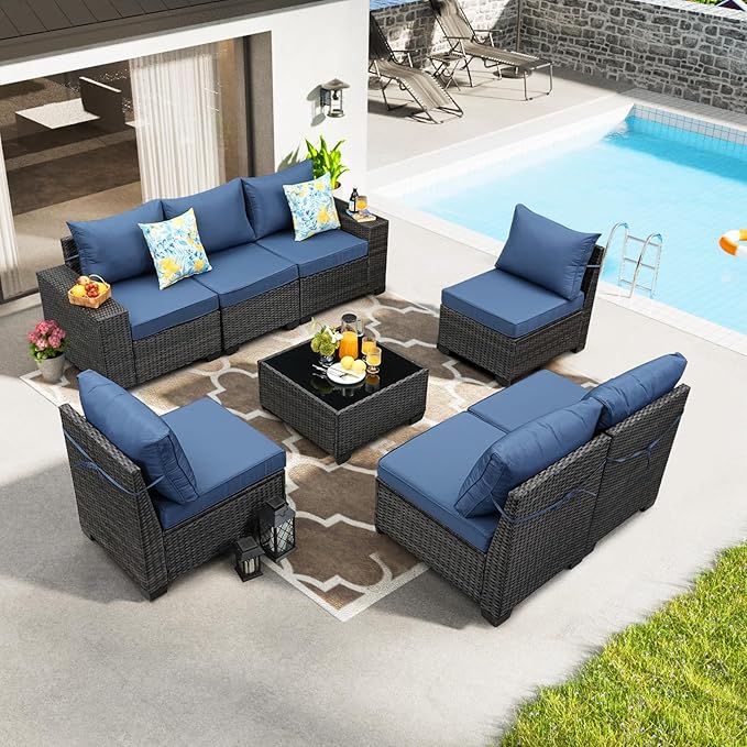 8 Pieces Patio Furniture Set All-Weather Outdoor Wicker Sectional Conversation Sofa Rattan Patio Seating Sofa with Cushion and Glass Table for Porch Poolside,Navy