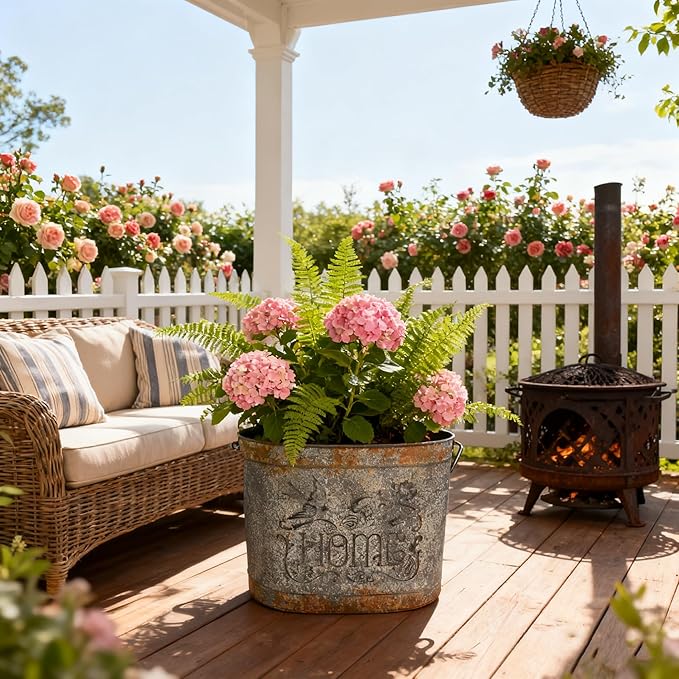 Set of 2 Vintage Distressed Metal Planter, Decorative Flower Buckets with Floral Embossing, Rustic Farmhouse Flower Pot for Herbs Succulents, Wedding Party Home Decor Accents