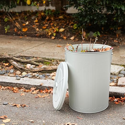Plexon Large Metal Trash Can with Lid 20 Gallon, Decorative Outdoor Trash Can, Heavy Duty Galvanized Metal Bucket with Lid for Kitchen Garage Farmhouse, Beige, 6 Pack