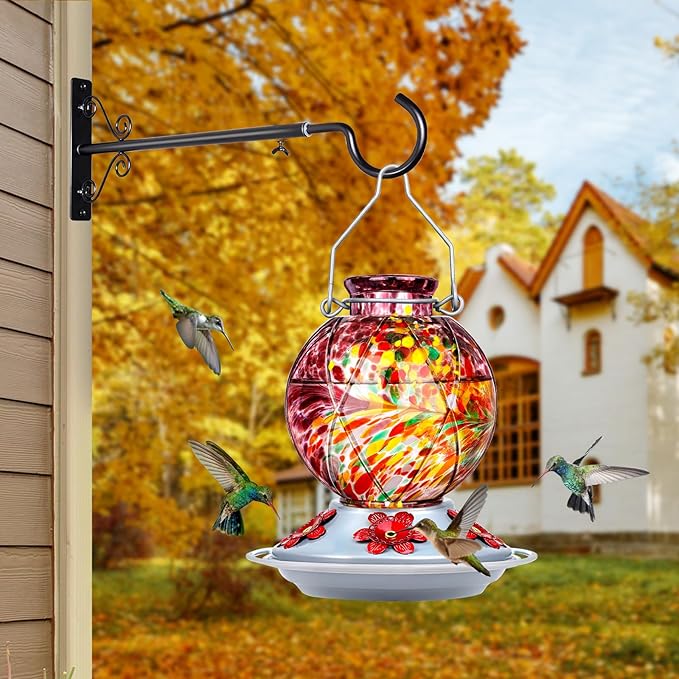 BOLITE Hummingbird Feeder, Hummingbird Feeders for Outdoors Hanging, Hand Blown Glass, Meshy Texture Ball Shape Bottle, 5 Feeding Ports with Perch, 20 Ounces, Leak Proof, Purple, Gifts for Women Men