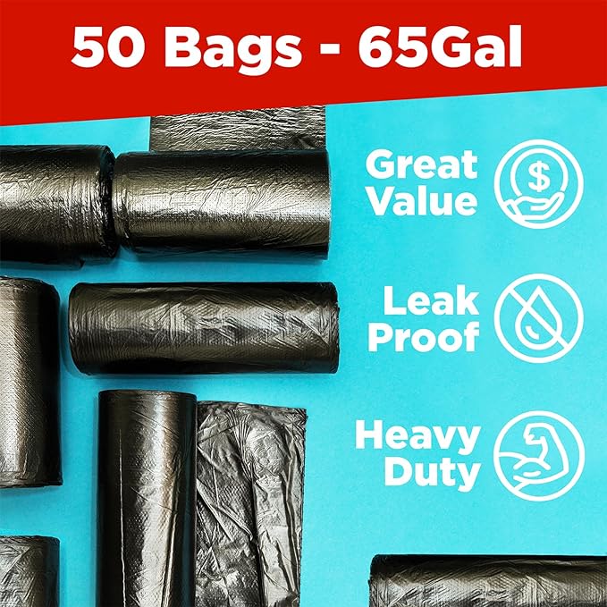 ToughBag 64-65 Gallon Trash Bags Heavy Duty, 50 x 48” Large Black Garbage Bags (50 Count) - Made In USA