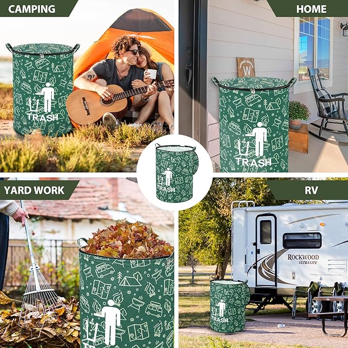 1 Pack Collapsible Trash Can Camping with Zippered Lid Foldable Storage Bin Portable Garbage Can for Outdoor Camping RV's Yard Waste (Trash Style)