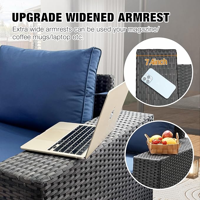 7 Pieces Patio Furniture Set All-Weather Outdoor Wicker Sectional Conversation Sofa Rattan Patio Seating Sofa with Cushion and Glass Table and Ottoman for Porch Poolside,Navy