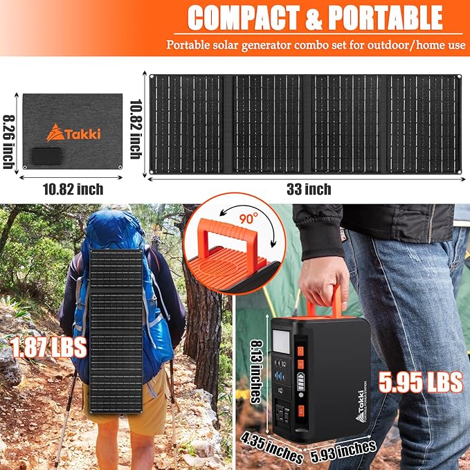 Takki Solar Generator 250W Portable Power Station with 40W Solar Panels 222Wh Pure Sine Wave Camping Lithium Battery Power Bank with AC 110V Outlet for Camping CPAP Home Use Emergency Outdoor