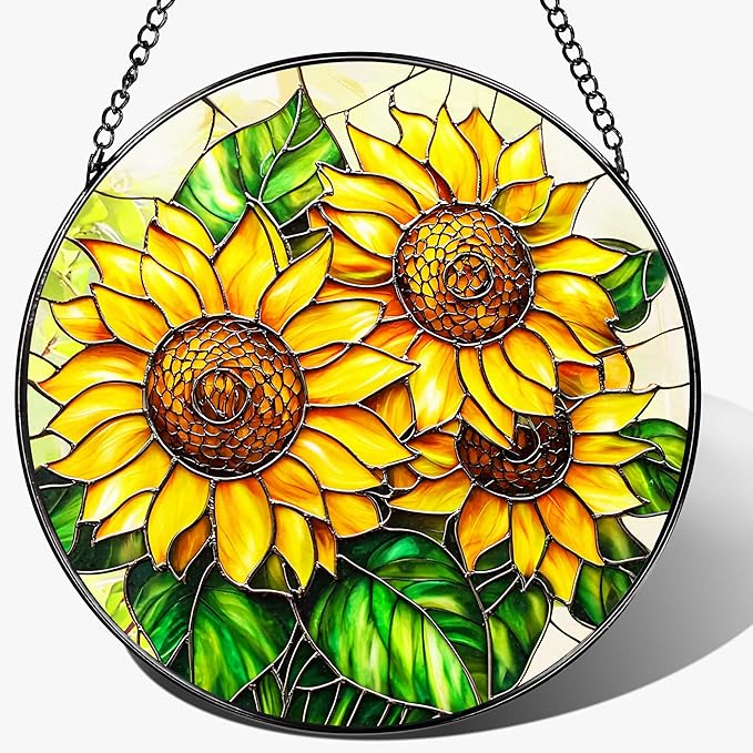 Sunflower Stained Glass Suncatcher, 8 Inch Sun Catchers Indoor Window, Stained Glass Window Hanging, Windows Dedor and Christmas, Mother's Day, Birthday, Gifts for Women Mom, Idea Gift, Gift Exchange