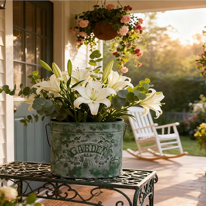 Vintage Distressed Green Metal Planter Pot with Handles, Garden No.2 Embossed Design, Rustic Farmhouse Flower Bucket for Indoor Outdoor Gardening, Succulents, Herbs, Home Decor