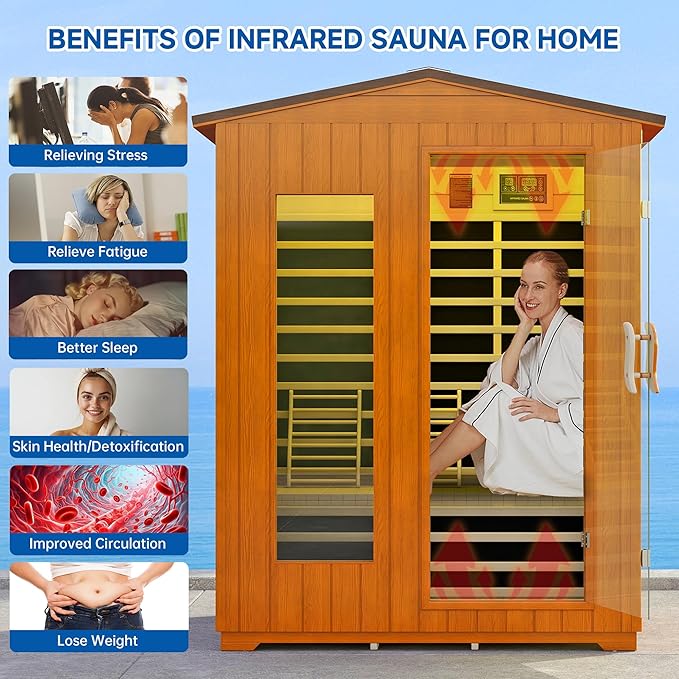 Outdoor Sauna 3 Person, Far Infrared Sauna for Home Low EMF, Wooden Spa Dry Saunas Room with Infrared Lighting and Bluetooth Speakers, 7 Colors Chromotherapy for Outdoor, Indoor and Gym