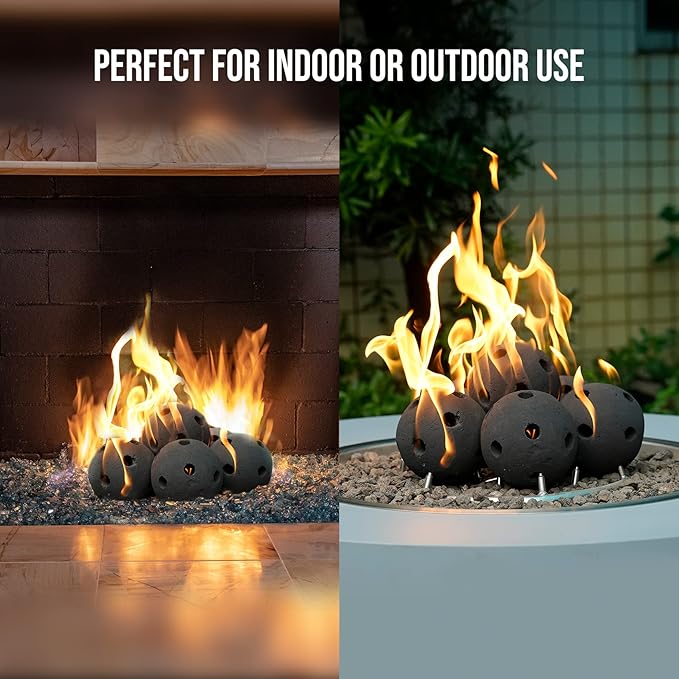 Skyflame Hollow Ceramic Balls, Set of 6 Round Fire Stones Set for Indoor and Outdoor Fire Pits or Fireplaces Accessory, 5 Inch, Black