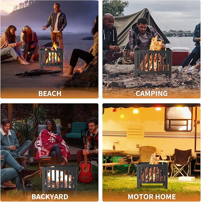 16 x 16 Inches Square Fire Pit/Bonfire Pit - Perfect for Garden Family Parties & Camping - Durable and Portable Design for Outdoor Enjoyment,Four-Sided Hollow and Breathable,Black