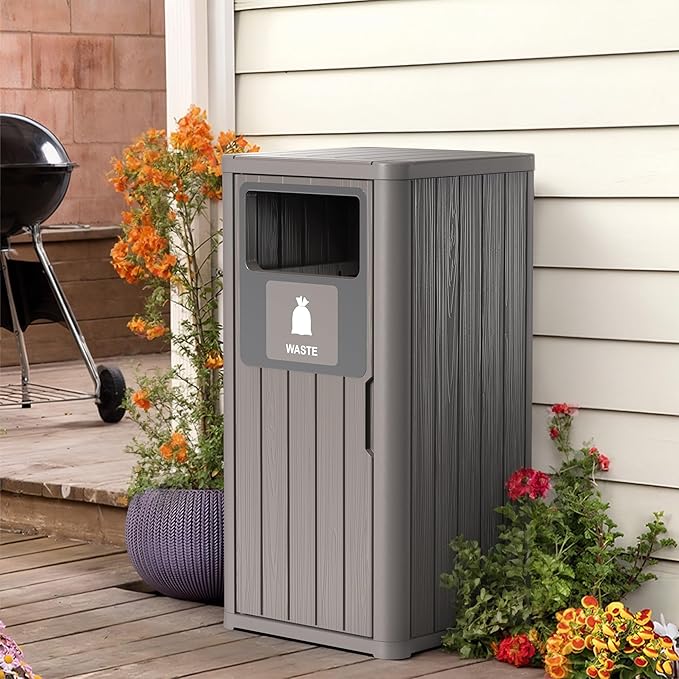 ROJIK 35" Tall Outdoor Trash Can,Weatherproof Resin Garbage Indoor Durable Lightweight,Suitable for Patio Office Kitchen,Easy to Clean,Assemble (Waste,Grey)