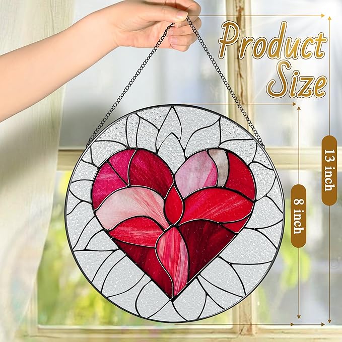 8'' Valentine Heart Suncatcher Ornament, Stained Glass Window Hanging, Suncatchers for Windows Hanging Ornaments, Valentine's Romantic Decor | Valentine's Day Gift, Gifts for Girlfriend, Wife