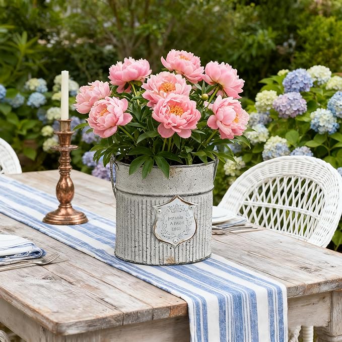 Vintage Galvanized Metal Planter Pots Set of 2, Rustic Farmhouse Flower Pots with Handles, "Potager A Paris 1903" Decorative Planters for Indoor Outdoor Gardening, Succulents, Herbs, Home Decor