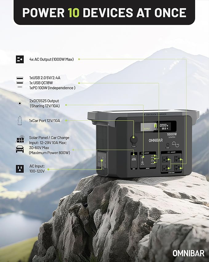 Portable Power Station 1000W (2000W Peak),1075Wh LiFePO4 Battery, 1000W AC/100W USB-C Output, 1.5 Hrs Fast Charge, Solar Generator for Home Backup Power, Outdoor Camping & RVs, Off-Grid Living