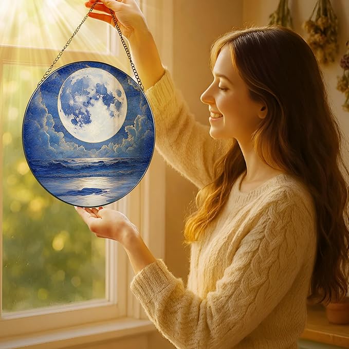 8'' Full Moon Over Ocean Sun Catcher Ornament, Stained Glass Window Hanging, Suncatchers for Windows Hanging Ornaments, Window Decor | Ideal Gift, Mother's Day, Christmas, Birthday Gifts