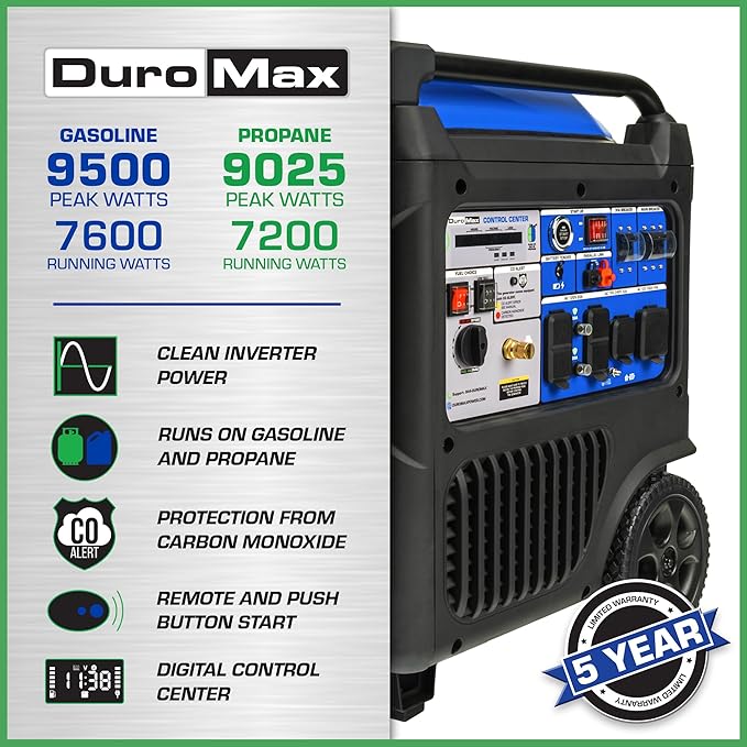 DuroMax XP9500iH 9,500-Watt Dual Fuel Portable Digital Inverter Generator - Gas & Propane, Remote Electric Start, RV & Emergency Ready