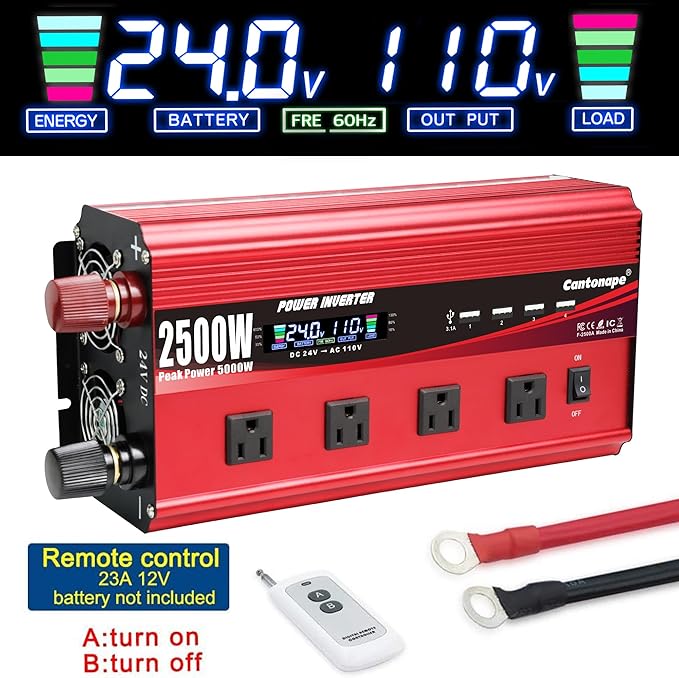 2500W Power Inverter 24V to 110V/120V DC to AC with LCD Display, Remote Controller 4 x AC Outlets and 4 x 3.1A USB Car Adapter for Car Truck Boat RV Solar System