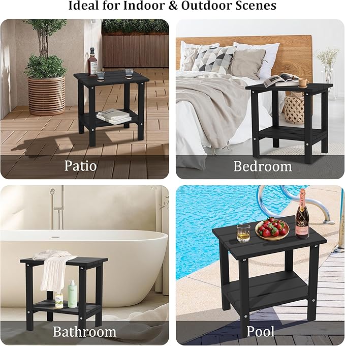 OTSUN Weather Resistant Outdoor Side Table, Adirondack HDPE Small Outdoor Table, 2-Tier Small Patio Tables for Outside or Indoor, Black