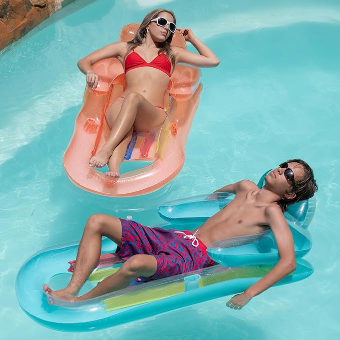 Pool Floats Adult Size Lounger with Cup Holder (2 Pack) Inflatable Floats for Swimming Pool Heavy Duty Lounger Floating Recliner Blow Up Floaties Water Floaty Lake Beach Tanning Float