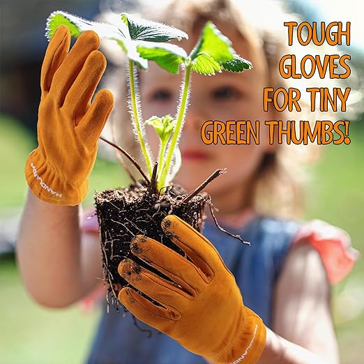 HANDLANDY 2 Pairs Kids Genuine Leather Work Gloves for ages 3-11, Children Gardening Gloves for Boys, Girls (Small (for age 2-4), Orange)