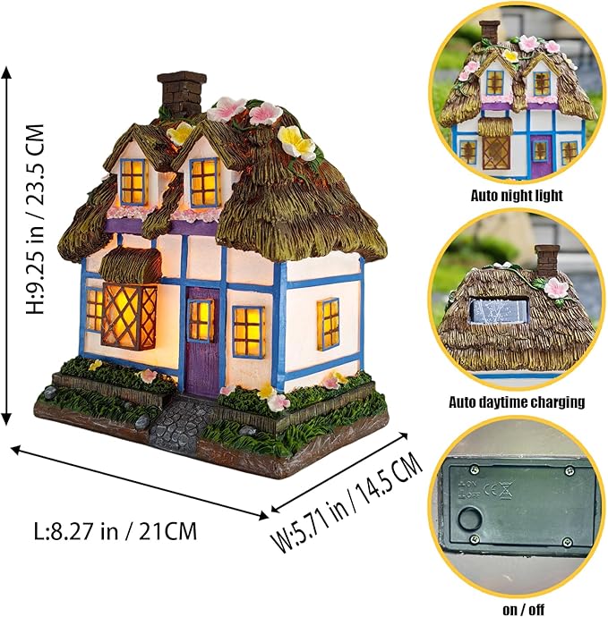 Prospect Thatched Cottage, Solar Statue Lights Mushroom Fairy House, Garden House Statues, Outdoor Memorial Ornaments Waterproof Decoration for Outside Patio Yard Lawn Decor