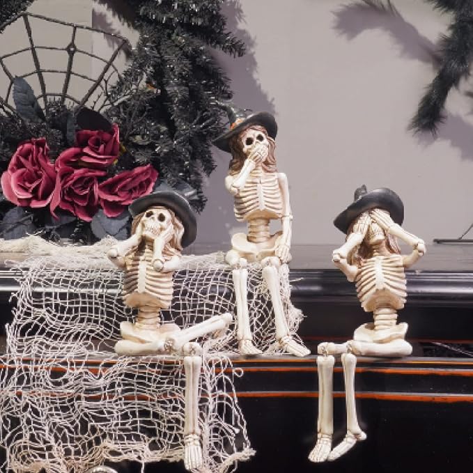 Halloween Statues No-Evil Skeleton Collectible-Figurines - Realistic Skeleton Halloween Decorations Indoor See Speak Hear No Evil Resin Witch Table Decor Set of 3, 2.5*5.5*4.5 inch Newman House Studio