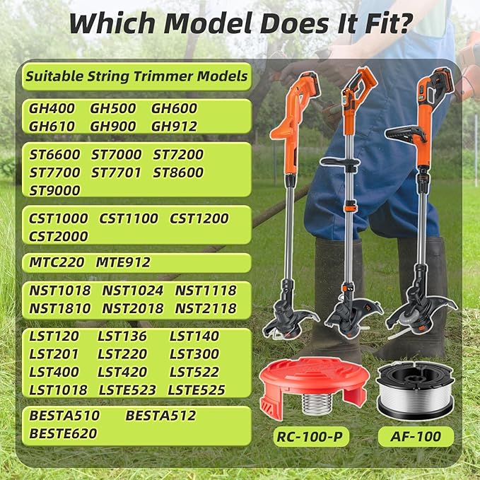 7 Pcs AF-100 Weed Eater Strings Compatible with Black and Decker Weed Eater, 0.065’’ AFS Automatic Feed Replacement Spool, 6 Pcs Spools(180ft Total), 1 Pcs RC-100-P Trimmer Cap and Spring