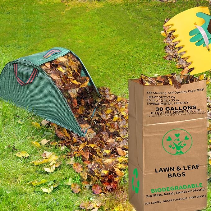 30 Gallon Heavy Duty Brown Paper Lawn and Leaf Bags with 22 GAL Dustpan-Type Bag and Leaf Scoops| 2-Ply Large Kraft Paper Bags (10 Count) | Tear Resistant Yard Waste Bag for Home and Garden