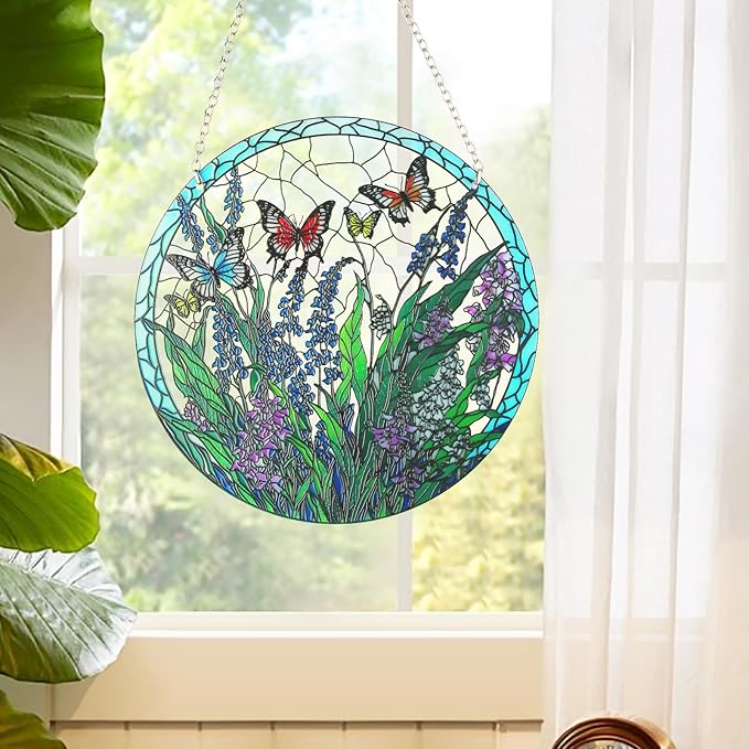 Stained Glass Window Hanging, Hand-Painted Butterfly and Flowers Suncatcher, 6 Inch Round Glass Panel Indoor Window Art, Home and Garden Decor, Mother’s Day