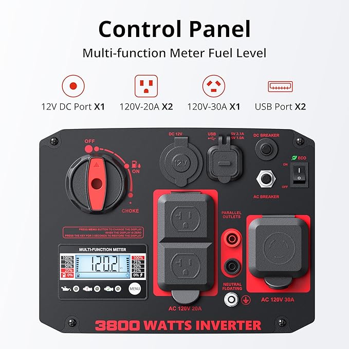 3800W Portable Inverter Generator with CO Sensor, Gas Powered, Digital Display, Super Quiet and Lightweight Generator for Camping, Home Emergency Use, Tailgating, RV Ready, EPA Compliant