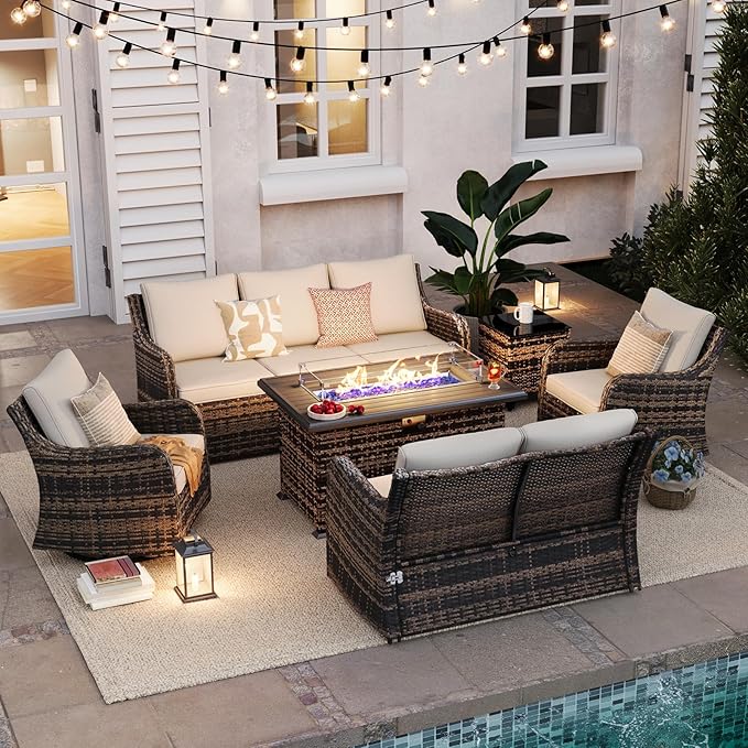 MEISSALIVVE 6 Pieces Patio Furniture Set with 43" Fire Pit Table, Wicker Patio Conversation Set with Swivel Rocking Chairs, Outdoor Patio Set for Lawn Backyard Porch (Brown)
